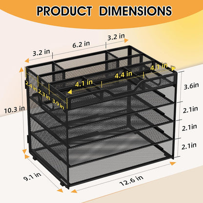 5 Tier Paper Letter Tray with 3 Drop-in Pen Holders, Mesh Desk File Organizer with Handle, Desk Organizers and Accessories for School,Home, Office Supplies Storage-Black