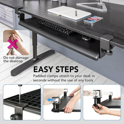EHO Clamp-On Retractable Adjustable Keyboard Tray, Under Desk Ergonomic Keyboard Tray - Easy Tool-Free Install - Large Surface 27.5" (31.8" Including Clamps) x 12.5" Home & Office