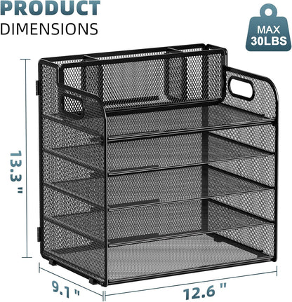 Marbrasse 5 Tier Paper Organizer with 3 Pen Holders, Mesh Desk File Organizer with Handle, Paper Sorter Desk Organizer for Home Office Supplies(Black)