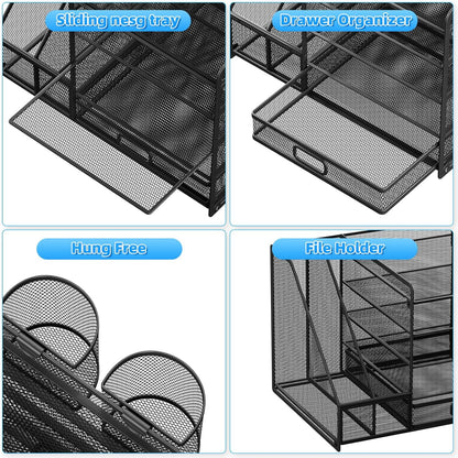 Lavatino Desk Organizer with File Holder, 5-Tier Paper Letter Tray Organizer with Sliding Drawer and 2 Pen Holder, Mesh Desktop File Organizer for Office Supplies (Black)