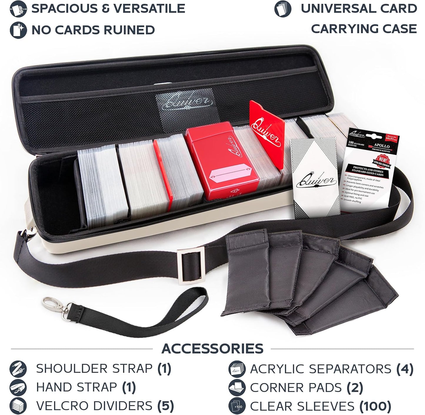 Quiver Time White Quiver Card Carrying Case - TCG Cards Deck Box Holder for Trading Cards, MTG Bag Playing Card Case (+Wrist & Shoulder Strap, Dividers, Separators, Corner Pads + 100 Apollo Sleeves)