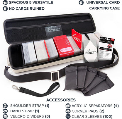 Quiver Time White Quiver Card Carrying Case - TCG Cards Deck Box Holder for Trading Cards, MTG Bag Playing Card Case (+Wrist & Shoulder Strap, Dividers, Separators, Corner Pads + 100 Apollo Sleeves)