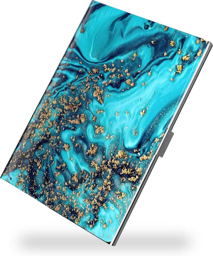 Business Card Metal Slim Organizer, Professional Stainless Steel Square Pocket Wallet for Office Workers, Compact and Portable for Pockets (Blue Gold Marble)