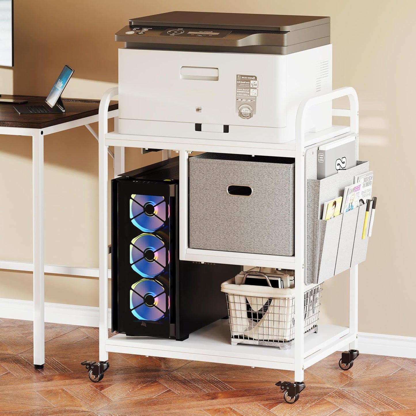 3 Tier Heavy Duty Printer Stand with Storage, Computer Tower Stand with Industrial Wheels & Drawer, Large Mobile Printer Table for Home Office Organization (Pearl White)