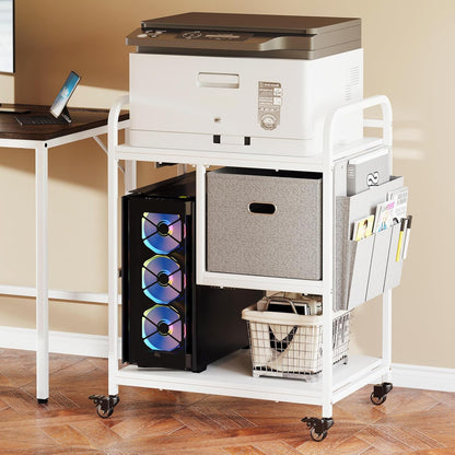 3 Tier Heavy Duty Printer Stand with Storage, Computer Tower Stand with Industrial Wheels & Drawer, Large Mobile Printer Table for Home Office Organization (Pearl White)
