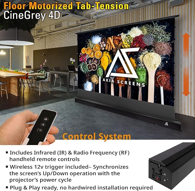Akia Screens 101 inch Floor Rising Projector Screen Motorized with Remote, ALR Projector Screen Ambient Light Rejecting Movie Screen for Standard Throw Projection Indoor, CineGrey 4D AK-FMT101UH2-C4D