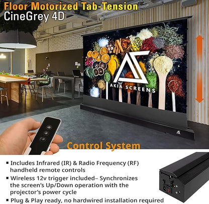 Akia Screens 101 inch Floor Rising Projector Screen Motorized with Remote, ALR Projector Screen Ambient Light Rejecting Movie Screen for Standard Throw Projection Indoor, CineGrey 4D AK-FMT101UH2-C4D