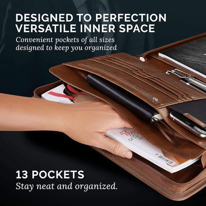 NERO MANETTI- Zippered Vegan Leather Padfolio/Portfolio Pad Holder-Business PU Leather Notepad Folder for Resumes, Interviews, iPad/Tablet, Phone, Legal Pad Notebook Executive Binder for Women, Men