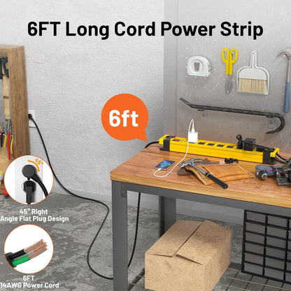 Plug'n 8 Outlet Long Power Strip,2700J Surge Protector with Individual Switches,Wide Spaced,Heavy Duty Power Strip with 6FT/14AWG/15A Power Cord and Flat Plug for Workshop,Garage,Industrial,Home