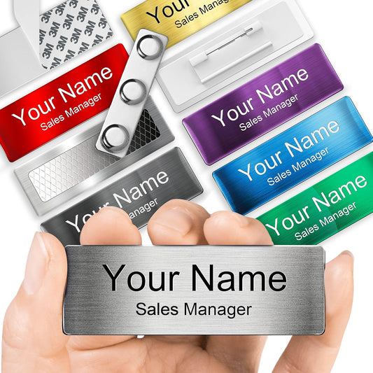 Magnetic Name Tags | Personalized Engraved Metal Identification Badges with Pin or Adhesive Backing | Custom ID Tags | 3"x1"