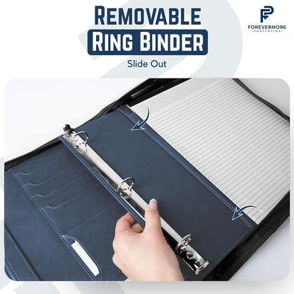 Padfolio Binder - Professional Faux Leather Travel Organizer Pouch for Tablet, Documents, Presentation Folders, Zipper Closure, Removable 3-Ring Notepad - Blue