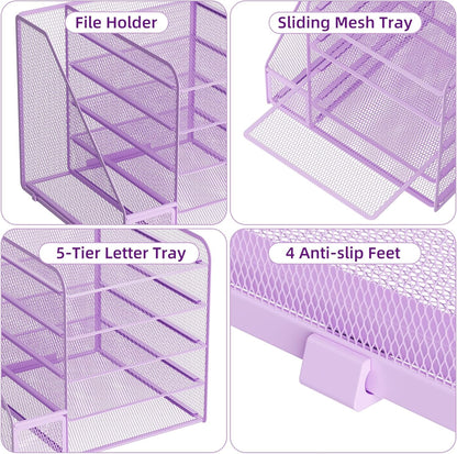 Marbrasse Desk Organizers and Accessories, 5-Tier Paper Letter Tray Organizer with File Holder, Mesh File Organizer, Office Desk Accessories & Organization for Supplies (Purple)