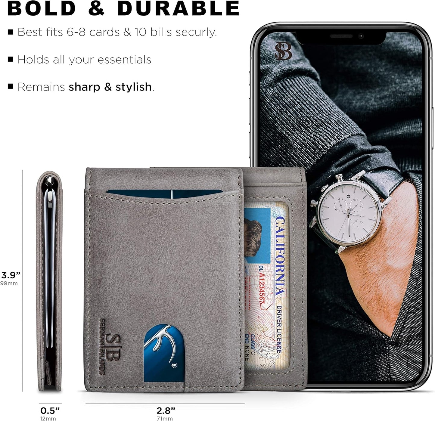 SERMAN BRANDS RFID Blocking Slim Bifold Genuine Leather Minimalist Front Pocket Wallets for Men with Money Clip Thin Gift