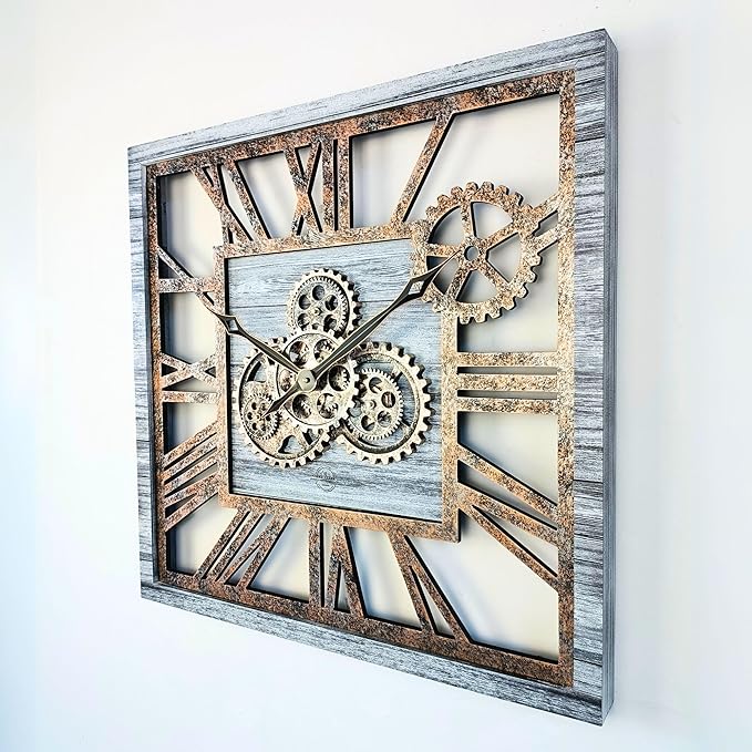 ImprovingLife The Gears Clock 24'' Inch Square Real Moving Gear Wall Clock Vintage Industrial Oversized Rustic Farmhouse (Silver Grey)