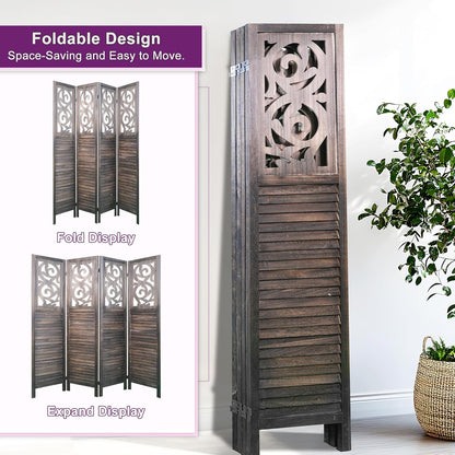 Room Divider, 5.6FT Folding Room Divider Panel, 4 Panel Craved Wood Partition Wall Divider for Room Separation, Rustic Brown