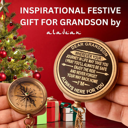 Gift for Grandson Brass Compass Engraved Quote | Memory Present to My Grandson Birthday, Baptism, Graduation, Confirmation, Love, Gift idea by Grandpa Grandma