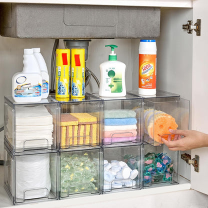Vtopmart 8 Pack Stackable Under Sink Organizer Drawers, Clear Acrylic Storage Bins for Kitchen and Bathroom Cabinets, Baby Bottles, Cleaning Supplies, 6.6'' Tall Space-Saving Drawer System