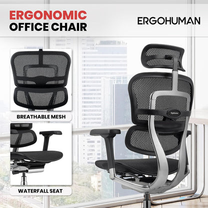 Ergohuman Eurotech ME7ERG GEN2 High Back Mesh Office, Computer, or Gaming Chair w/Tilt Tension Control & Lock, Back Angle/Height, Swivel Arms, Seat Height,/Depth, and Arm Height Adjustments, Black