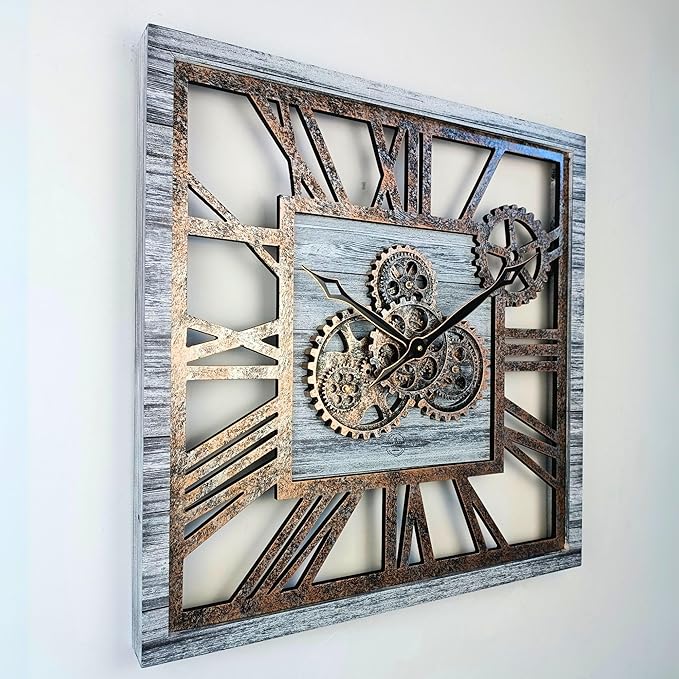 ImprovingLife The Gears Clock 24'' Inch Square Real Moving Gear Wall Clock Vintage Industrial Oversized Rustic Farmhouse (Silver Grey)