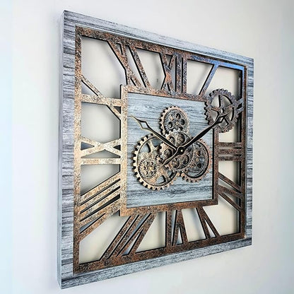 ImprovingLife The Gears Clock 24'' Inch Square Real Moving Gear Wall Clock Vintage Industrial Oversized Rustic Farmhouse (Silver Grey)
