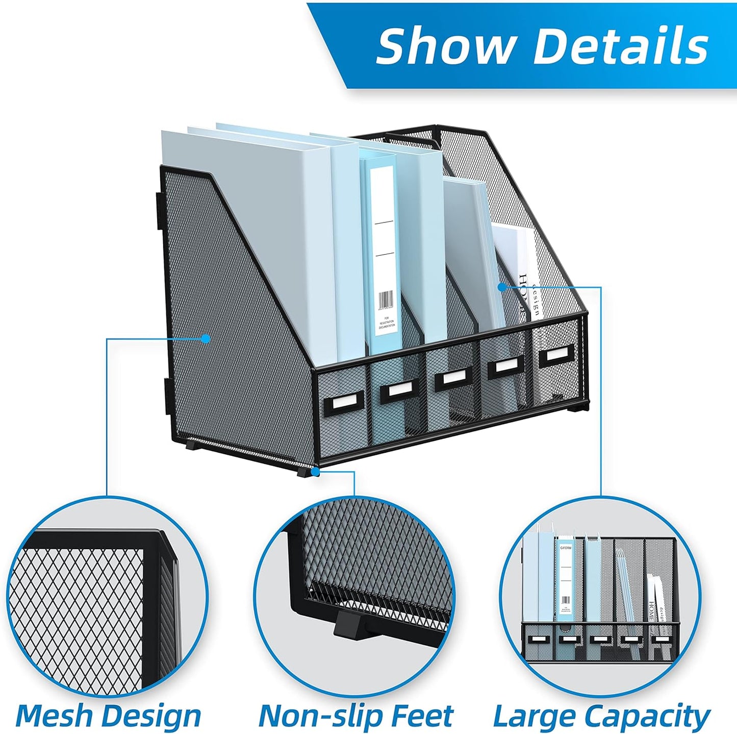 SUPEASY Desk Organizers Metal Desk Magazine File Holder with 5 Vertical Compartments Rack File Organizer for Office Desktop, Home Workspace, Black