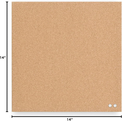 U Brands Frameless Square Cork Bulletin Board, Office Supplies, 14” x 14”, Natural, with Push Pins, 1 Count