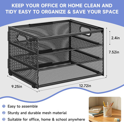 Subekyu Paper Letter Tray Organizer for Desk, Black Metal Mesh Desk File Sorter Organizer with Handle and 2 Sliding Trays for Home Office School Supplies Organization