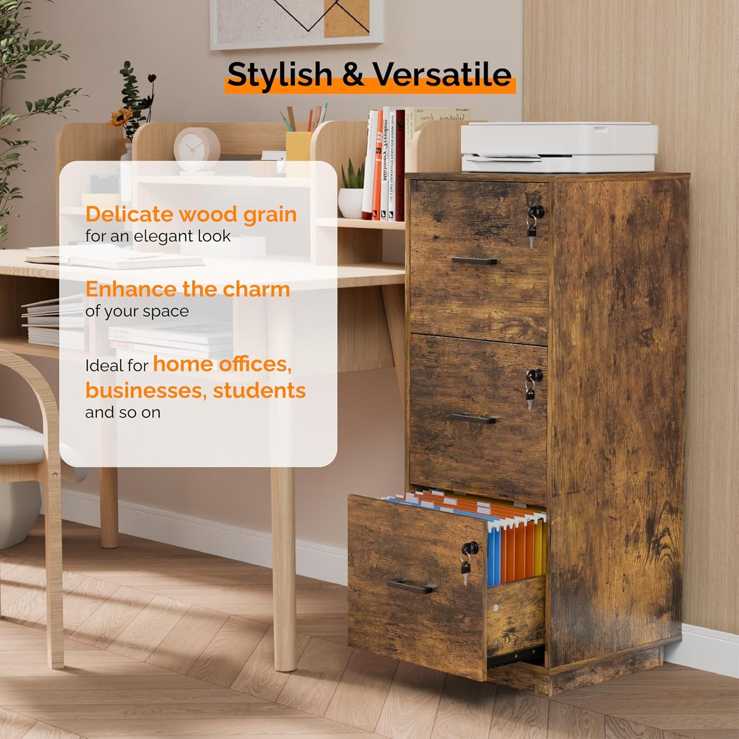 VINGLI 3 Drawer File Cabinet with Lock, Home Office Filing Organizer, for Letter Size File Folder Storage, Wood Tall Vertical Filing Cabinet, Printer Stand, Archivador (Rustic Brown)