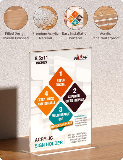 NIUBEE 6 Pack Acrylic Sign Holder 8.5 x 11 - T Shape Double Sided Table Top Display Stand, Portrait Upright Photo Picture Frame Wedding Menu Ad Holder