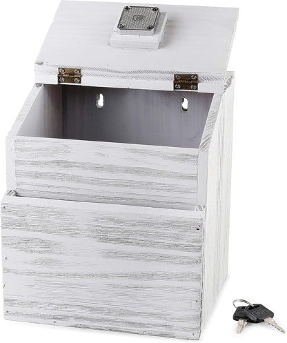 Wood Charity Donation collection Box Office suggestion Ballot Box With wide slot for envelopes and suggestion comment forms, Pocket and Locking Hinged Lid & Pen for Table Or Countertop(Rustic-White)