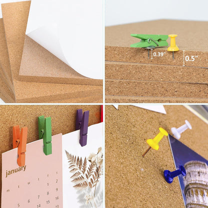 AKTOP Cork Board Bulletin Board 17"x8", 1/2" Thick Cork Board Tiles 10 Pack, Small Pin Board for Wall Decor, Self Adhesive Corkboards with 120 Push Pin Wood Clips for School, Home & Office