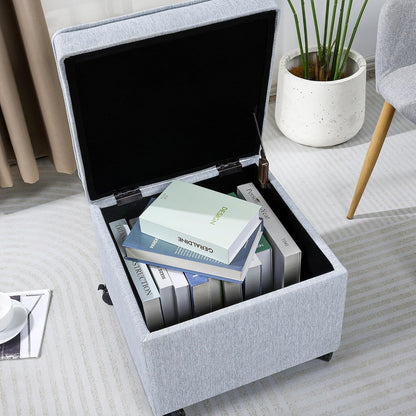 Adeco 17.5" Square Fabric Ottoman with Storage, Upholstered Cotton Linen Foot Rest, Flip Top Footstool, Small Cube Coffee Table Extra Seat for Living Room, Bedroom, Ice Blue with Rolling Legs