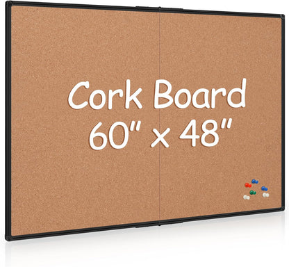 Board2by Extra Large Cork Bulletin Board 60" X 48", Foldable Notice Pin Board for Wall, Black Aluminum Framed 5'x4' Corkboard, Wall Mounted Noticeboard with 36 Push Pins for School, Home & Office