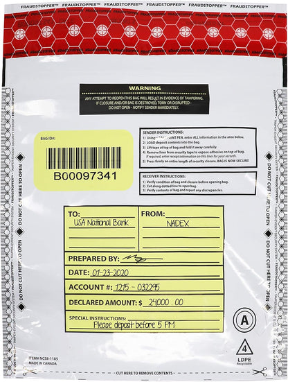 Nadex White Night Drop Tamper Evident Cash and Coin Bank Deposit Bags - 9 x 12, Opaque, 100 Pack