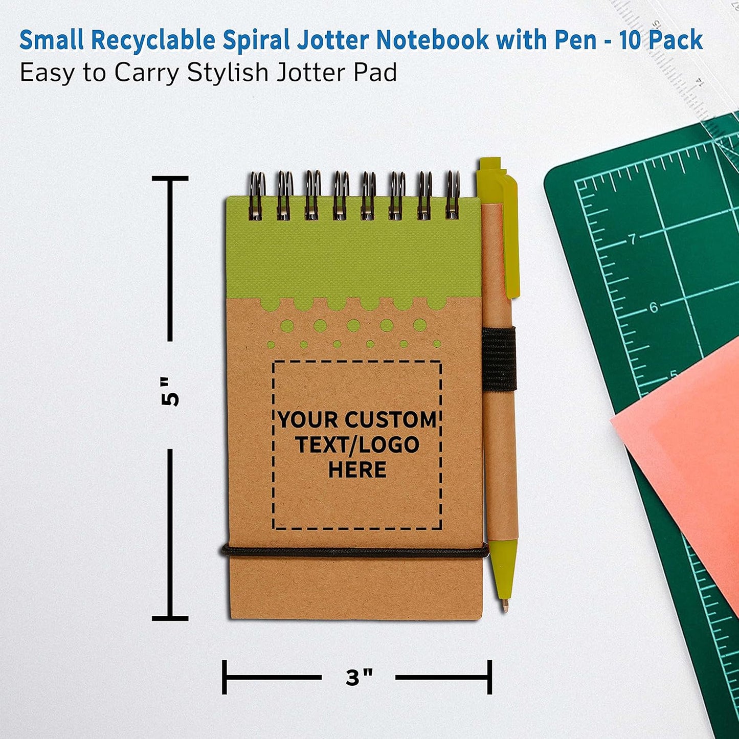 DISCOUNT PROMOS 10 Recyclable Spiral Small Notebooks Pack - Customizable Text, Logo - 60 Lined Pages - Lime Green