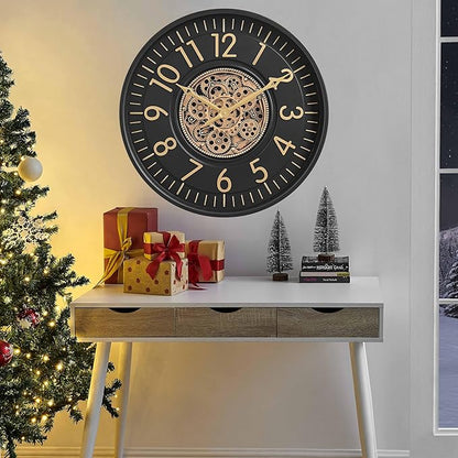 CLXEAST 21 Inch Moving Gear Wall Clock, Large Regular Arabic Numeral Wall Clocks for Living Room Decor,Modern Black& Gold Finish,House Warming Gifts New Home