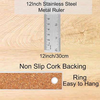 Stainless Steel Metal Ruler:[1 Pieces 12 Inch] Stainless Steel Metal Ruler with Cork Backing Non-Slip Rulers with Inch and Centimeters Drafting Office Tools Prevent Ink Leakage