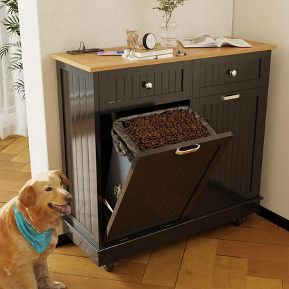 20 Gallon Tilt Out Trash Cabinet, Wooden Kitchen Trash Can Cabinet with Hideaway Drawer, Freestanding Laundry Hamper Garbage Recycling Cabinet on Wheels, Pet Proof, Double, Black