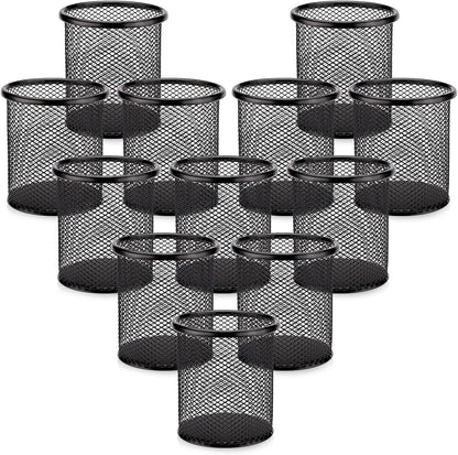 Segarty Pen Cup Holder for Desk, 12 Pack Black Pencil Holder, Round Wire Mesh Pen Container Set for Office Supply, School Classroom, Home Desktop Accessories, Makeup Brush Organizer