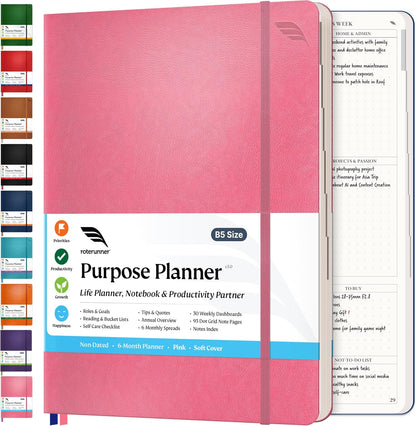 Roterunner 2025 B5 Pink Softcover Purpose Planner Notebook 7.5'x9.8' Undated Planner Daily Weekly Monthly Productivity Goal Setting Tool for Work Home ADHD Adults Self Care Journal