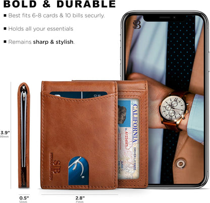 SERMAN BRANDS RFID Blocking Slim Bifold Genuine Leather Minimalist Front Pocket Wallets for Men with Money Clip Thin Gift