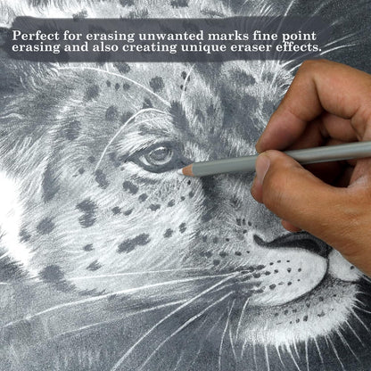 KALOUR Detail Eraser Pencil - 6pc Eraser Pencils with Brush and 2pc Sharpener,Erasing Small Details or add Highlights for Sketching, Charcoal Drawings. Fine Detail Eraser for Beginners & Artists