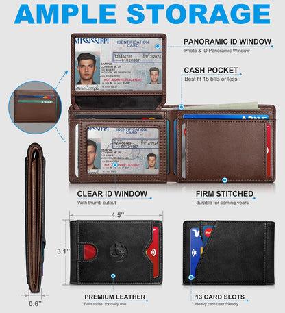 Wallet for Men Wallet with Cash Pocket 2 ID Window 13 Cards,Slim Leather Wallet Front Pocket Card Holder RFID Blocking with Gift Box