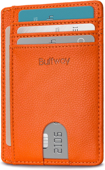 Buffway Slim Minimalist Front Pocket RFID Blocking Leather Wallets for Men and Women - Lichee Orange