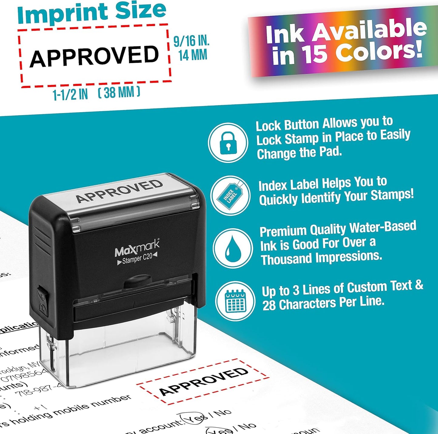 Custom Self Inking Rubber Stamp - Up to 3 Lines of Text - Choose from 15 Ink Colors - Small Size