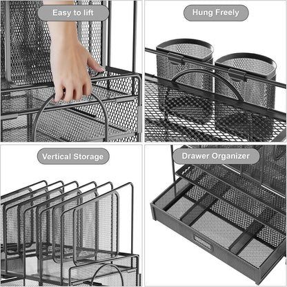 Marbrasse Desk Organizers, 4-Tier Mesh Desk File Organizer with 5 Vertical File Holders and 2 Pen Holders, Multifunction Desktop Organizer,Desk Organizers and Accessories for Home Office (Gray)