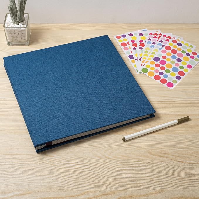 Large Photo Album Self Adhesive 4x6 8x10 10x12 13"x12.6" Scrapbook Album 12.6"x11" Inch 60 Black Sticky Pages Linen Cover Magnetic Photo Album with A Metallic Pen and DIY Stickers(Blue)