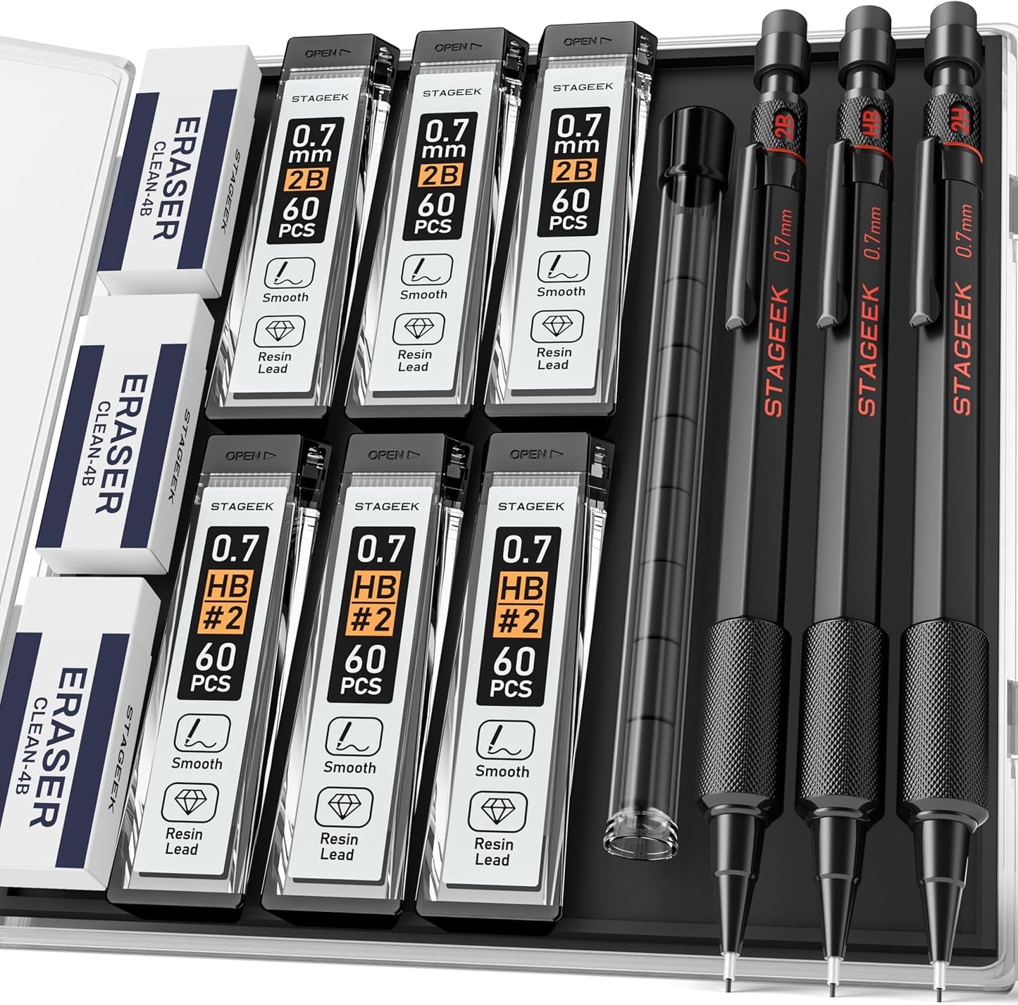 0.7mm Mechanical Pencil Set, 3PCS Metal Mechanical Pencils 0.7mm with 6 Tubes HB & 2B Lead Refills,Erasers, Weatherproof Artist Pencils with Case for Outdoor Writing Drafting Drawing