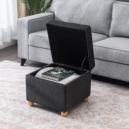 Adeco 17 Inch High Striped Flannel Black Cube Ottoman Storage, 3D Embossed Velvet Chair Foot Stools, Upholstered Vanity Stool with Hinged Lid, Solid Round Wood Legs