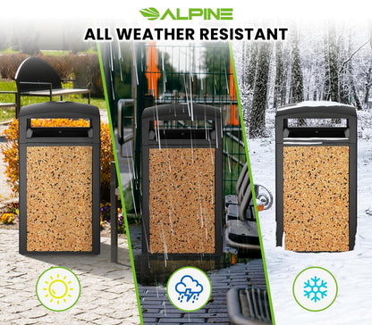 Alpine Outdoor Commercial Trash Can with Lid - 40 Gallon Heavy Duty Metal Garbage Can with Removable Bin, Locking Lid & a Modern Look in Park & High Traffic Areas (Black, Brown Stone Panels with Tray)